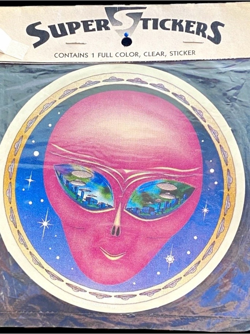 NOS VTG 1999 Super Stickers Pink Alien UFO Window Decal 5.5” Jerry Jaspar